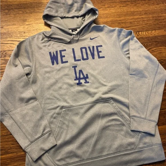 LOS ANGELES DODGERS Nike Gray Hoodie with Blue 'We Love LA' Print - Picture 9 of 11